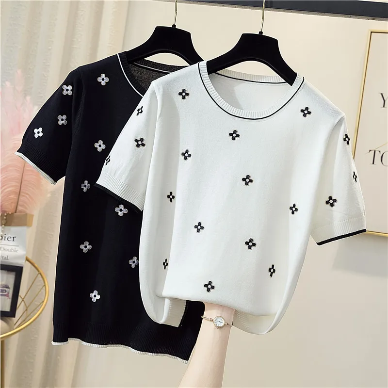 cotton T-shirt women 2023 summer new O-neck pullover Flower Embroidery Oversized casual sweater short-sleeved sueters de mujer
cotton T-shirt women 2023 summer new O-neck pullover Flower Embroidery Oversized casual sweater short-sleeved sueters de mujer