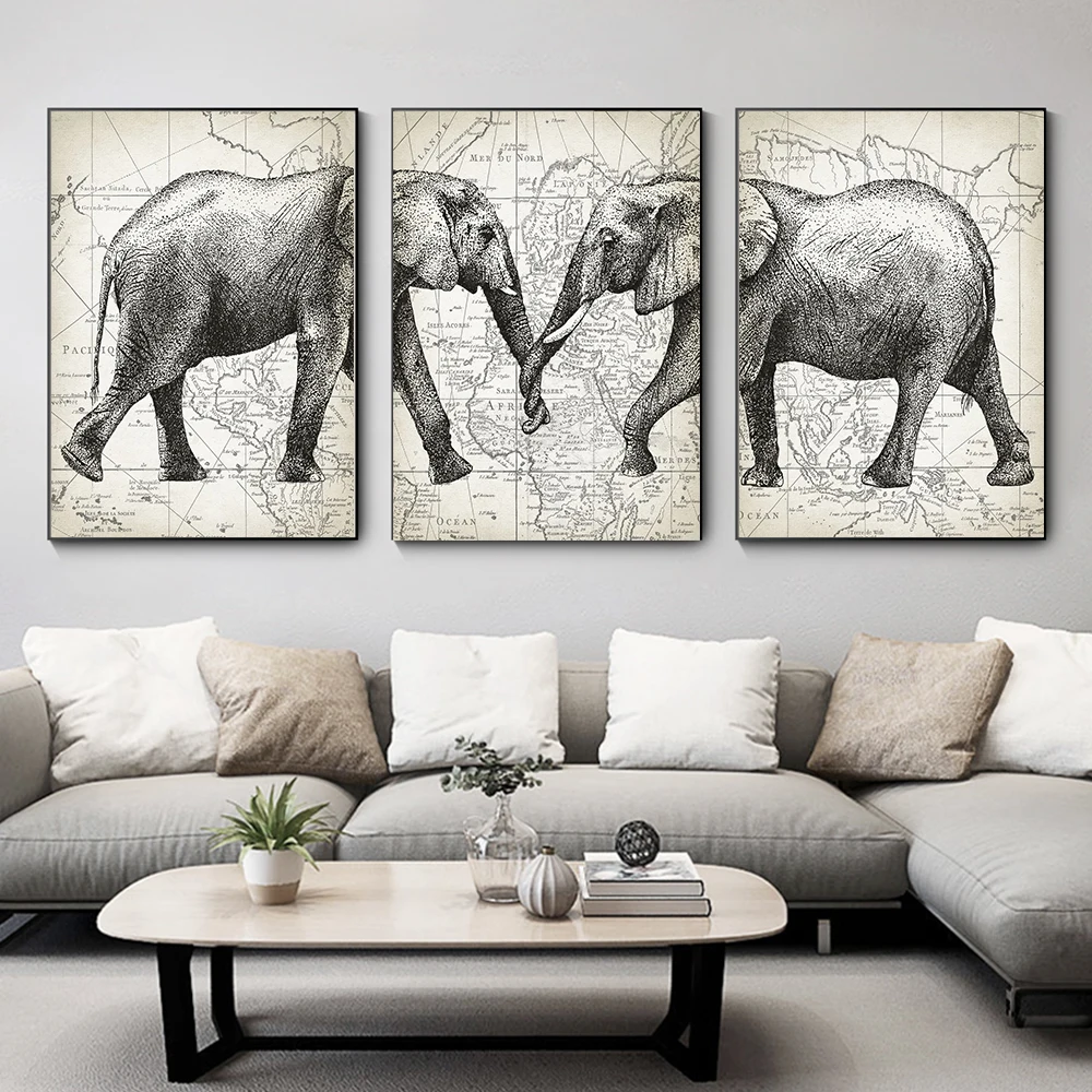 

Retro Combination Elephant Whale Dinosaur Great White Shark Animals Body Series Canvas Painting Wall Posters Home Decor Pictures