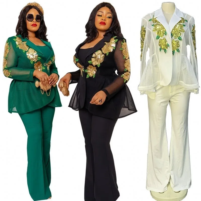 African Sexy Suit 3 Two Pieces Outfits Office Lady Long Sleeve Mesh Lapel Jacket Coat Suit 2022 Women Casual Flared Trousers Set
African Sexy Suit 3 Two Pieces Outfits Office Lady Long Sleeve Mesh Lapel Jacket Coat Suit 2022 Women Casual Flared Trousers Set