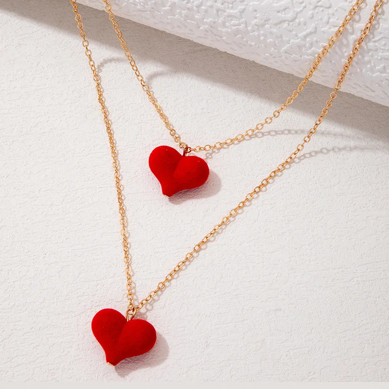 

Kiss Jewelry New 2023 Vintage Double Chains Red Velvet Heart Pendant Necklace for Women Sweet Cool Choker Collar Necklace Gift