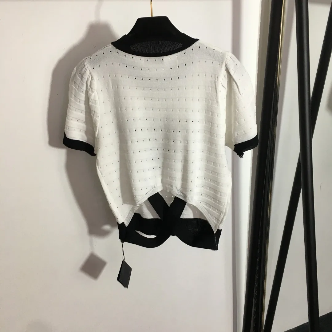 Женская ажурная футболка, черно-белая футболка с коротким рукавом, лето 2023
Женская ажурная футболка, черно-белая футболка с коротким рукавом, лето 2023