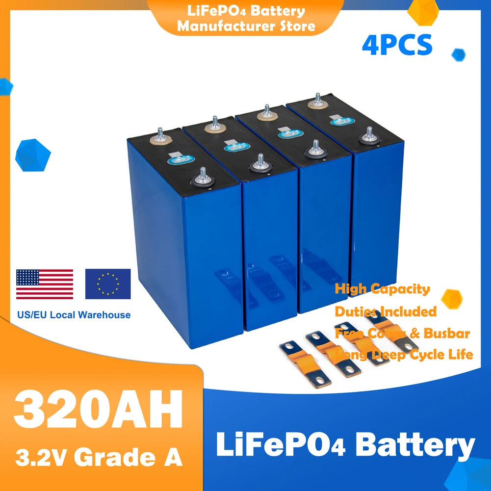 New 3.2V LiFePO4 Battery 320AH 310AH 4PCS Rechargeable Battery Pack 12V 24V 48V DIY Cells For Boat Golf Cart RV With Busbars
New 3.2V LiFePO4 Battery 320AH 310AH 4PCS Rechargeable Battery Pack 12V 24V 48V DIY Cells For Boat Golf Cart RV With Busbars