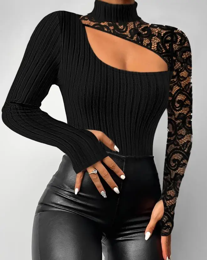 

2023 Autumn Winter Spring Fashion Casual Sexy Cutout Lace Patch Mock Neck Ribbed Top Female Clothing T-Shirts Pullover Tops