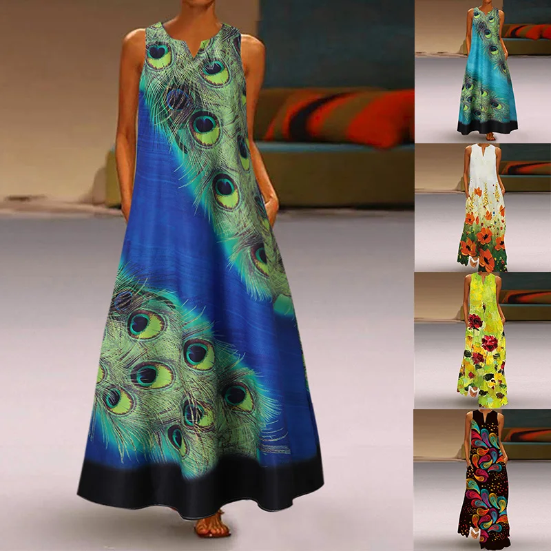2022 New Summer Women Casual Loose Long Beach Dresses Vintage Peacock Print Dress Female Elegant Sleeveless V-neck Casual Skirt 
2022 New Summer Women Casual Loose Long Beach Dresses Vintage Peacock Print Dress Female Elegant Sleeveless V-neck Casual Skirt