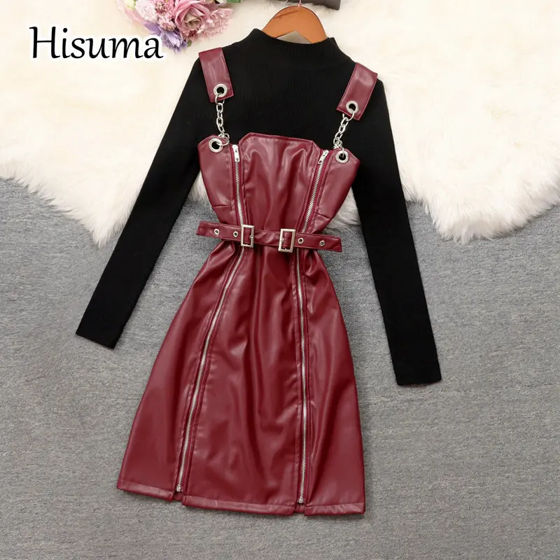2022 winter new women's high collar knitted sweater + strap chain zipper PU leather sheath dress female Chic buttocks dresses
2022 winter new women's high collar knitted sweater + strap chain zipper PU leather sheath dress female Chic buttocks dresses