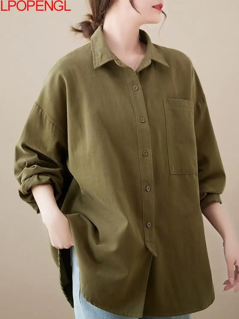 Vintage 2023 Spring Solid Color Office Lady Shirt Top Women's Loose Cotton Fashion Long Sleeve Single Breasted Blouses Jacket
Vintage 2023 Spring Solid Color Office Lady Shirt Top Women's Loose Cotton Fashion Long Sleeve Single Breasted Blouses Jacket