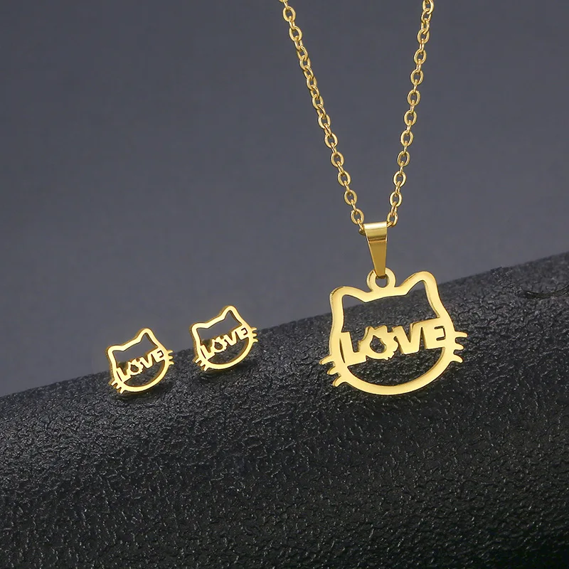 Lovely Gold Color Kitten Cat Stainless Steel Jewelry Set Necklaces Kids Collares Fashion Hollow Cat Earring Necklace Paw Jewelry
Lovely Gold Color Kitten Cat Stainless Steel Jewelry Set Necklaces Kids Collares Fashion Hollow Cat Earring Necklace Paw Jewelry