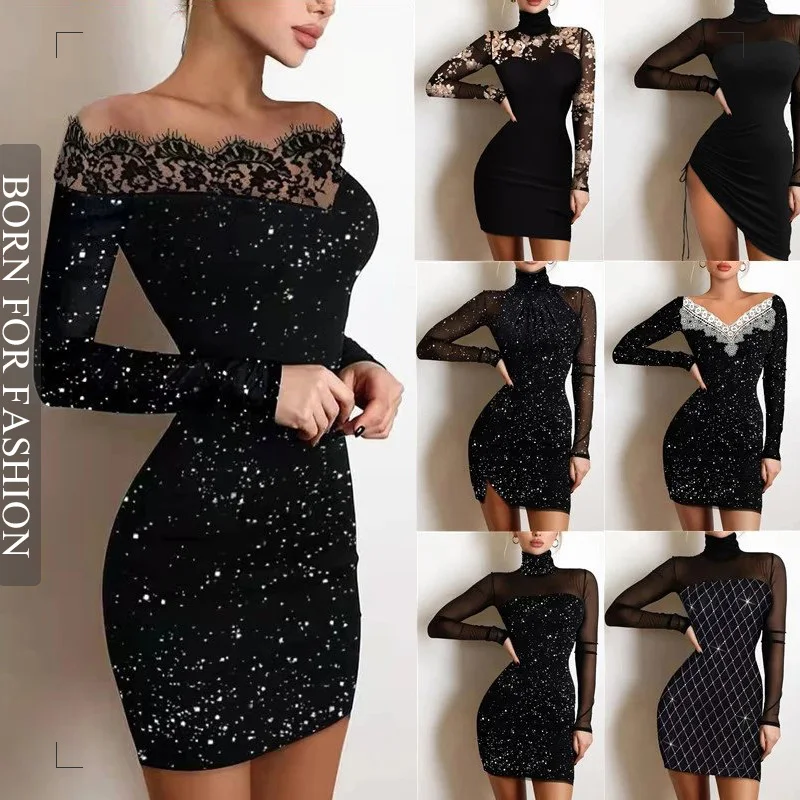 Spring Off Shoulder Splicing Lace Dress Sexy Slim-Fit Bright Silk Bag Hip Black Dress Fashion Elegant Women New Mini Party Dress
Spring Off Shoulder Splicing Lace Dress Sexy Slim-Fit Bright Silk Bag Hip Black Dress Fashion Elegant Women New Mini Party Dress