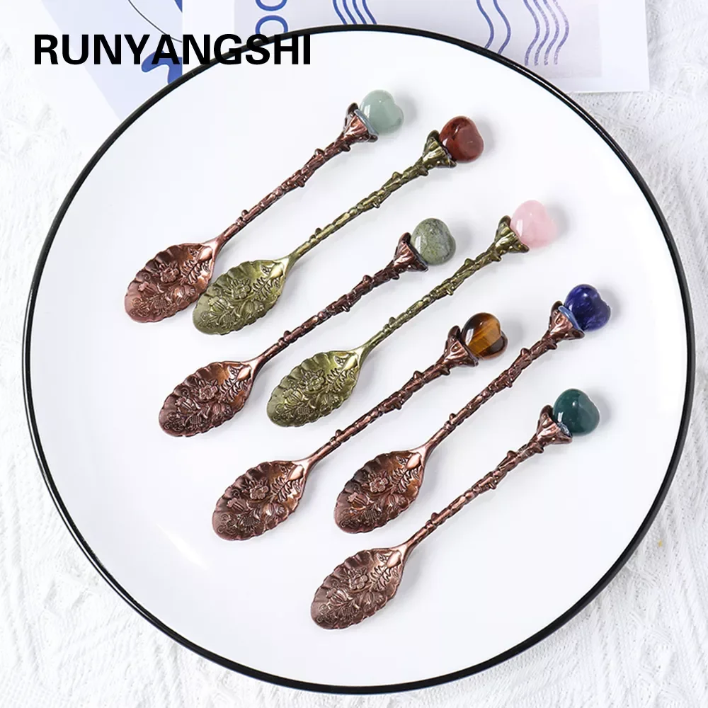 

2022New Candy Spoon Set Natural Amethyst Heart Teaspoon Health Gem Decorated Aura Crystal Gift