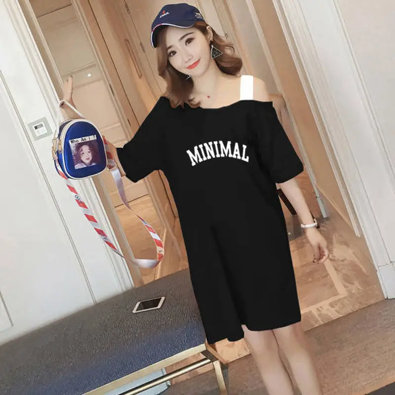 

2022 Summer Sexy Off-the-shoulder T-shirt Mid-length Loose Plus Size Dress Cartoon Pattern Suspender Short DressWomen's Clothing