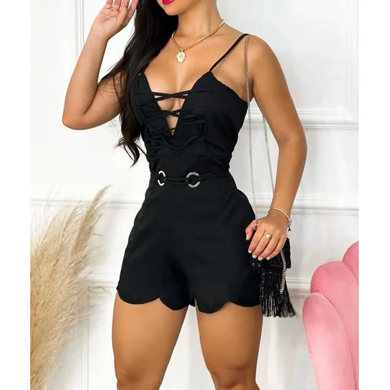 

Women Playsuits Shorts Pants Sleeveless Summer V Neck Sexy Solid Color Romper Crisscross Plunging Neck Scallop Trim Romper