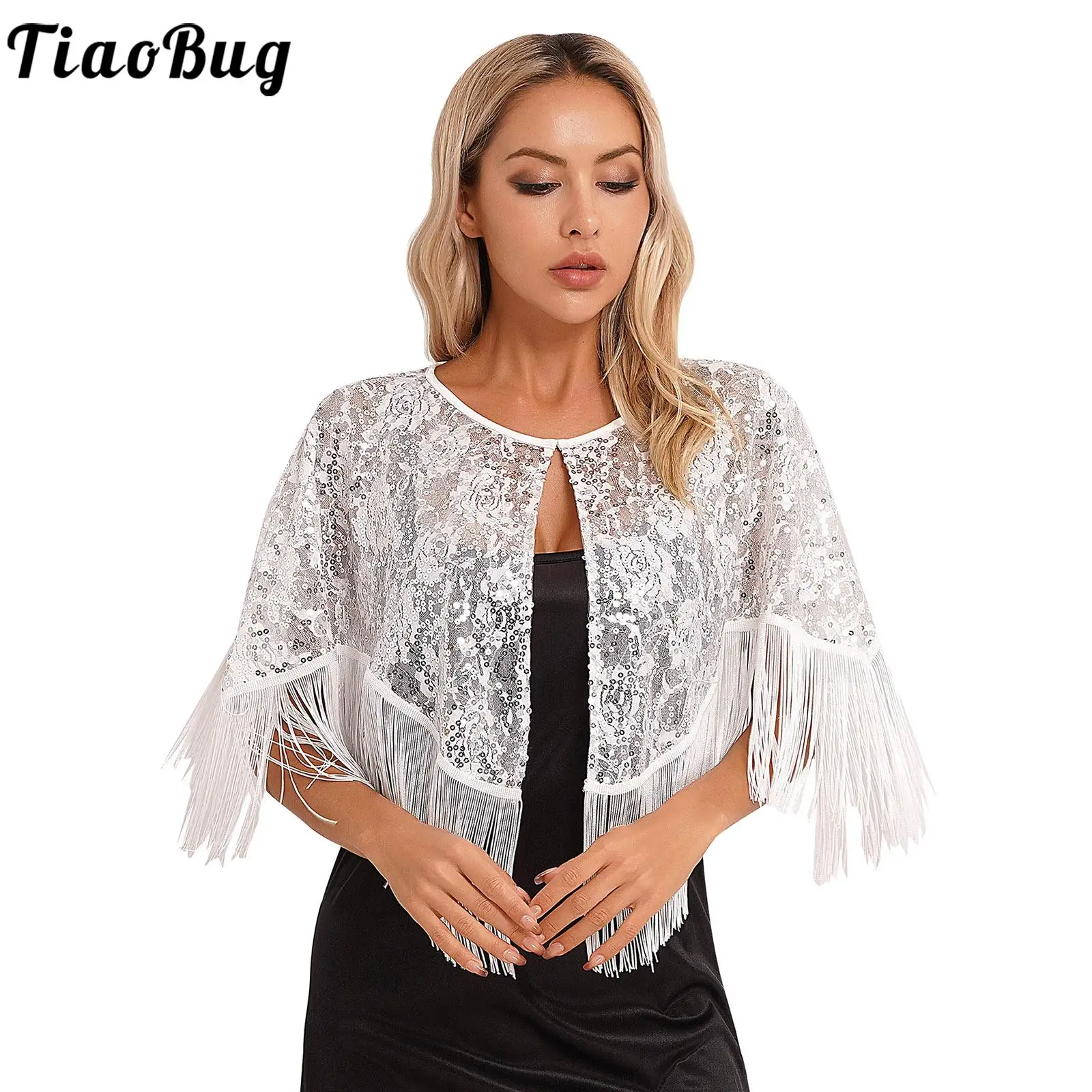 

Womens Sequin Fringed Cardigan Tassel Sheer Lace Bolero Shawl Wraps Dance Tops Shrug Cover Ups for Dancing Wedding Party