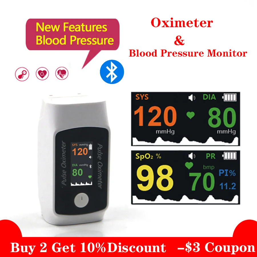 

Bluetooh цифровой Пальчиковый Пульсоксиметр и монитор артериального давления 2 в 1 бытовой измеритель давления OLED