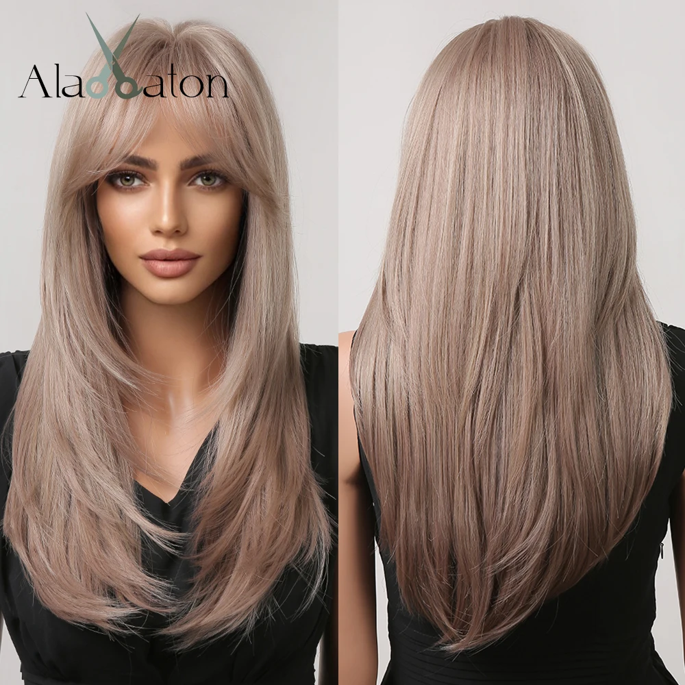

ALAN EATON Ash Blonde Wig for Women Long Straight Layered Synthetic Wigs with Bangs Daily/Party Hair Platinum Wig Heat Resistant