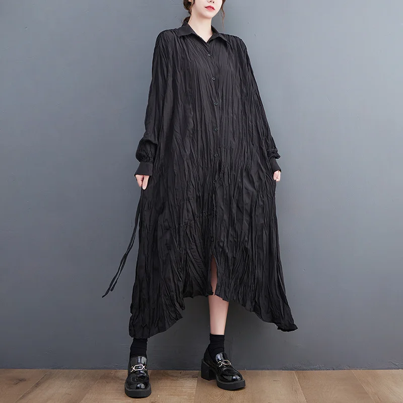 #3258 Black White Folds Irregular Long Shirt Dress Women Loose Thin Vintage Front Button Shirt Dress Long Sleeve Spring Autumn
#3258 Black White Folds Irregular Long Shirt Dress Women Loose Thin Vintage Front Button Shirt Dress Long Sleeve Spring Autumn