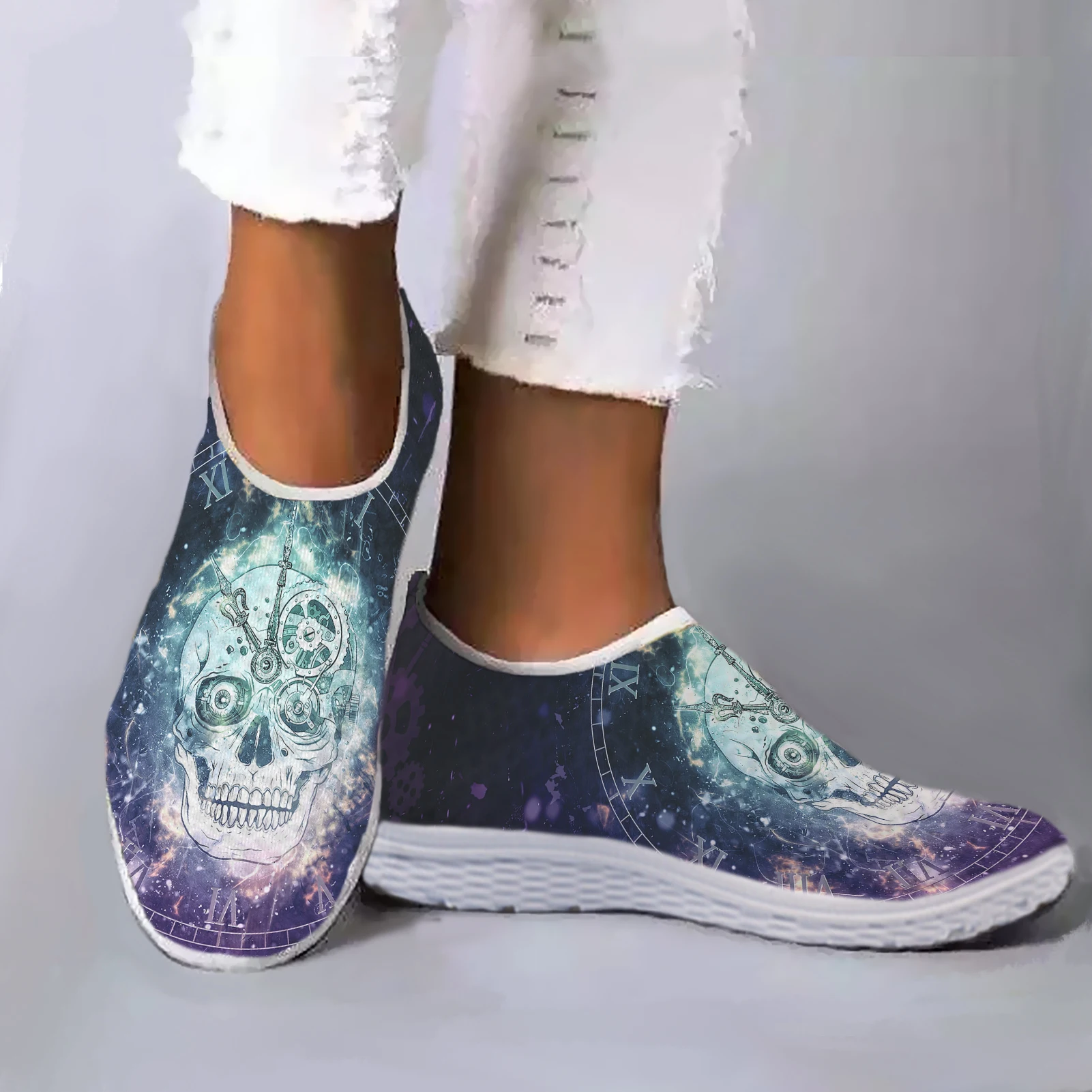 

INSTANTARTS Stylish Starry Sky Skull Print Mesh Shoes Woman Light Mesh Lazy Shoes For Teenage Girls Bedroom Soft Shoes Zapatos