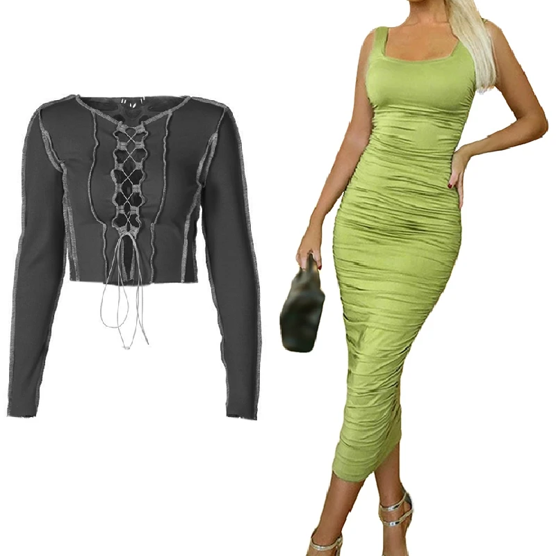 Women Ruched Sleeveless Skinny Clubwear Basic Dress Green M & Long Sleeve Sexy Lace Up Tie Front T-Shirts Top Black S
Women Ruched Sleeveless Skinny Clubwear Basic Dress Green M & Long Sleeve Sexy Lace Up Tie Front T-Shirts Top Black S