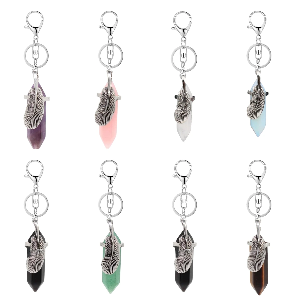 

Healing Crystal Point Pendant Chakra Keychain Hexagonal Prism Gemstone Feather & Leaf Sweater Key Chain Jewelry for Women Men
