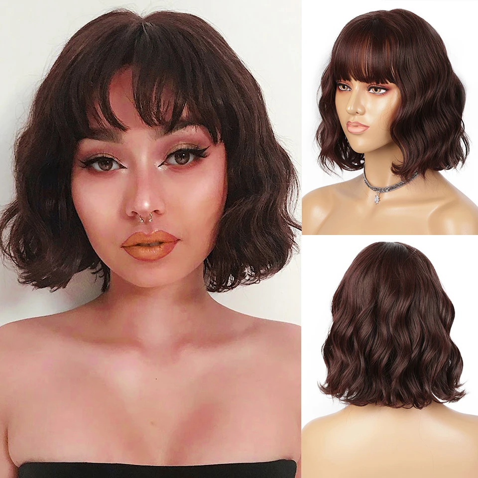

Brown Natural Wavy Human Hair Wigs Wine Red BOB Wigs for Black Women Brazilian Short Wave #2 #4 99J Machine Made Wig with Fringe