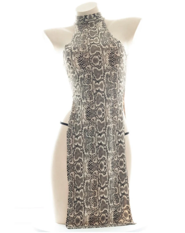 Snake Print Cheongsam Dress Split Snakeskin Print Halter Tight Dress Sexy Woman's Chinese Cheongsam Cosplay Uniform
Snake Print Cheongsam Dress Split Snakeskin Print Halter Tight Dress Sexy Woman's Chinese Cheongsam Cosplay Uniform