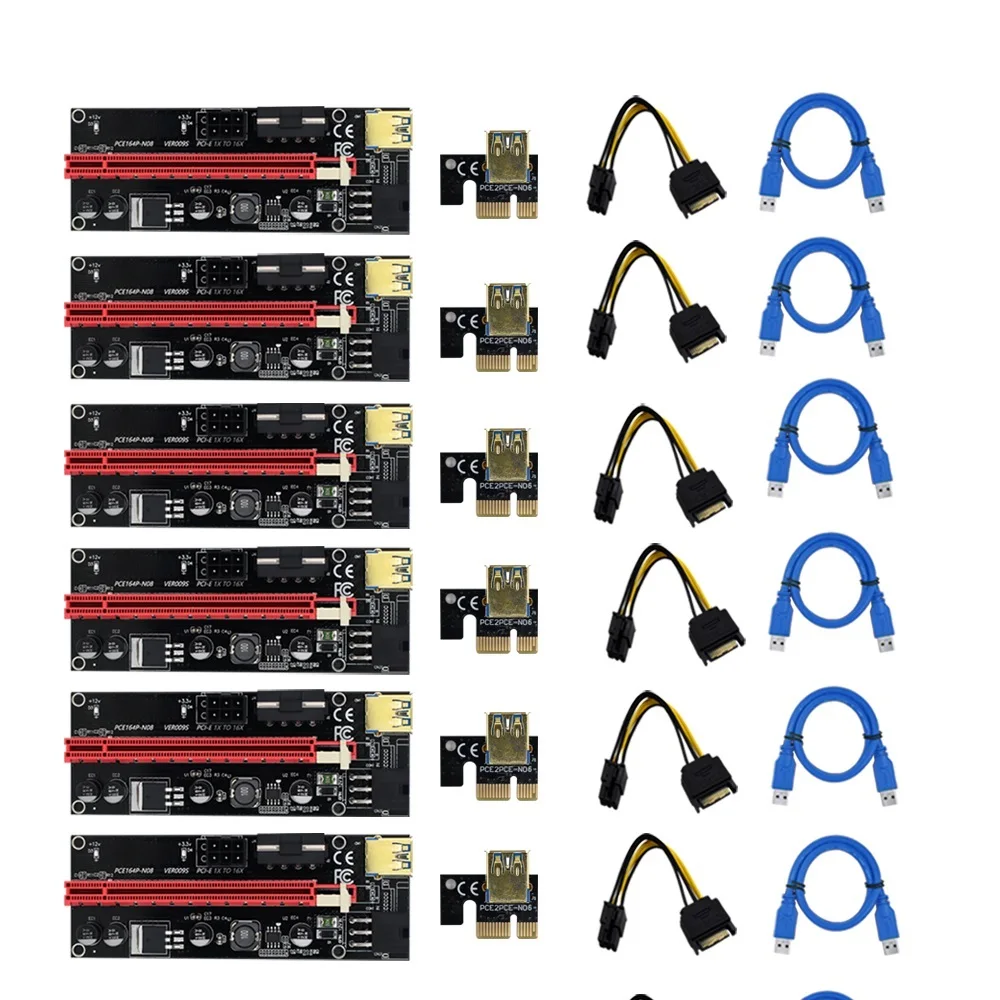 

6pcs TISHRIC gpu PCIE PCI-E Riser 009S card PCI E X16 PCI Express 6Pin to SATA 1X 16X USB3.0 Extender LED For Mining ETH BTC