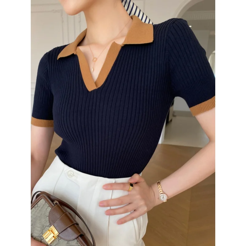 Women's T-shirt Polo Collar Short Sleeve Fashion Blouses Female Slim Knitted Tee White Skinny Casual Women Summer Tank Top
Women's T-shirt Polo Collar Short Sleeve Fashion Blouses Female Slim Knitted Tee White Skinny Casual Women Summer Tank Top