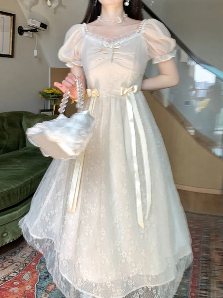 Women Summer Lace Fairy Midi Dresses France Elegant Dress Casual Designer Chic Bow Puff Sleeve Korean Fashion Dress 2022 New 
Women Summer Lace Fairy Midi Dresses France Elegant Dress Casual Designer Chic Bow Puff Sleeve Korean Fashion Dress 2022 New