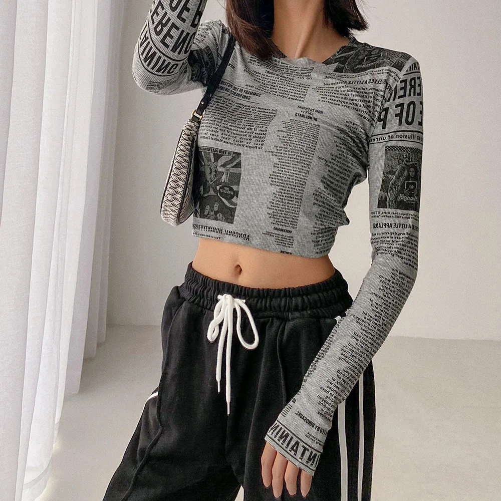2022 Fall Harajuku Newspaper Print T Shirts Women Sexy O Neck Long Sleeve Letter Cropped Tshirt Dew Waist Slim Short Base Top
2022 Fall Harajuku Newspaper Print T Shirts Women Sexy O Neck Long Sleeve Letter Cropped Tshirt Dew Waist Slim Short Base Top