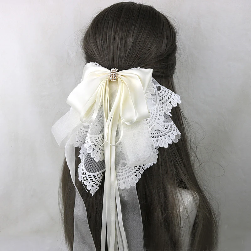 

Long tassels Lace Big Bow Hairpins Ponytail Hairdressing Princess Spring hairpin Organza Bow Ribbon Hair Accessories