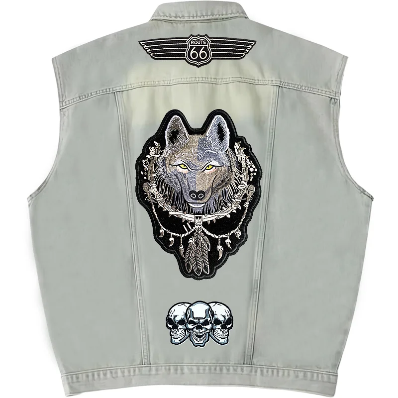 

Fashion Short Loose Men Denim Vest Motorcycle Waistcoat Embroidery Patches Sleeveless Cowboy Jacket Club Riding Punk Veste