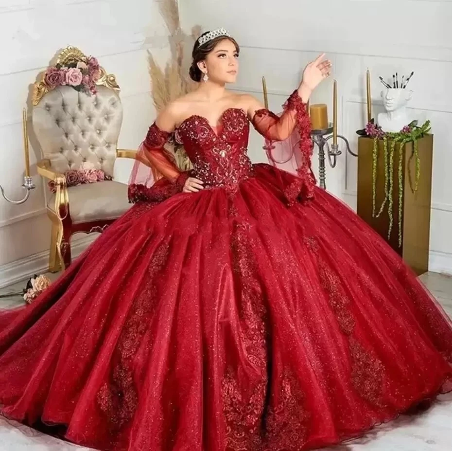 

GUXQD Burgundy Sweetheart Quinceanera Dresses Vestidos De 15 Anos Sexy Puffly Sleeves Applique Court Train Birthday Party Gowns