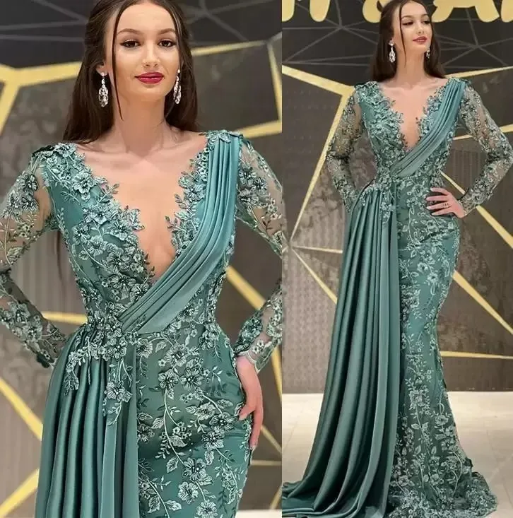 Green Elegant Prom Dress V Neck Long Sleeves Appliques Lace Satin Ruffles Evening Gowns Plus Size Vestido De NoviaCustom Made
Green Elegant Prom Dress V Neck Long Sleeves Appliques Lace Satin Ruffles Evening Gowns Plus Size Vestido De NoviaCustom Made