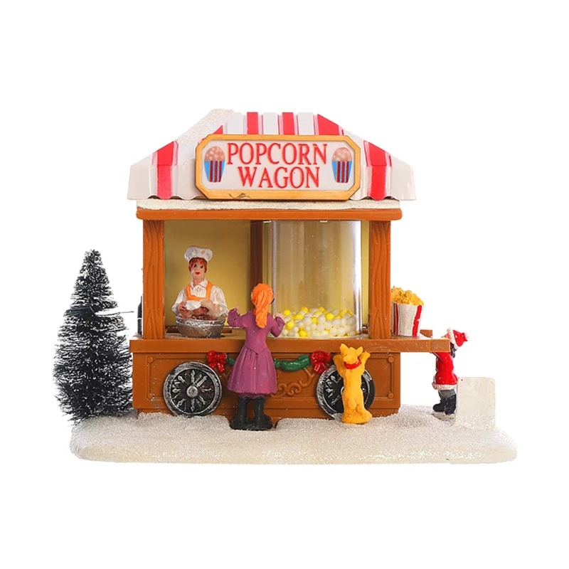 

Christmas LED Lighted House Resin Popcorn Wagon Ornament Musical Animated Dining Car Village Scene Xmas Holiday Party Tabletop