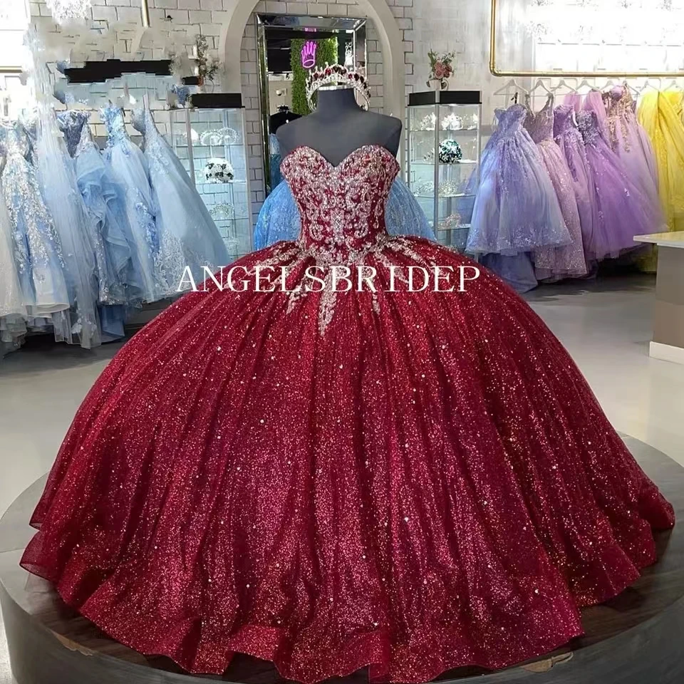 

Angelsbridep Shiny Burgundy Quinceanera Dresses With Cape Ball Gown Beading Party Princess Sweet 16 Dress Tulle Lace-Up Back