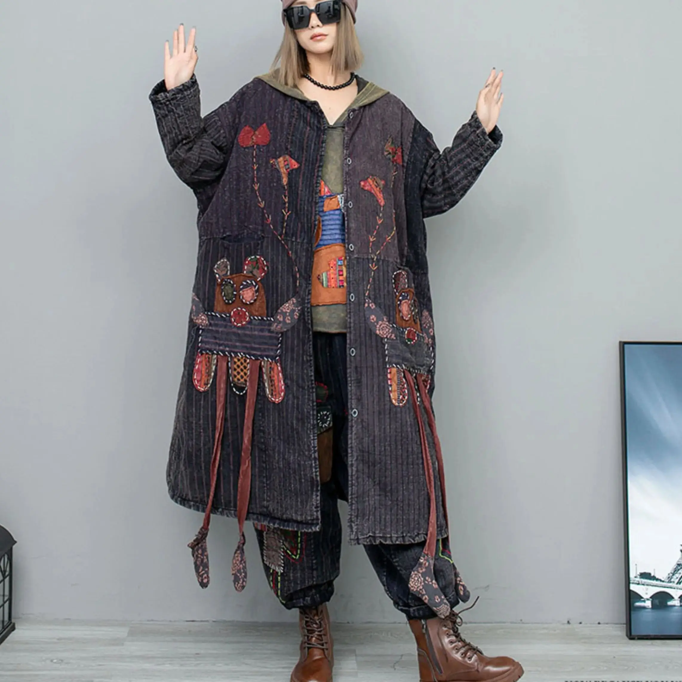 

Heavy Hand-embroidered Applique Patch Parka Trench Women Winter Splice Single-breasted Nation Style Wide Waisted Windbreaer