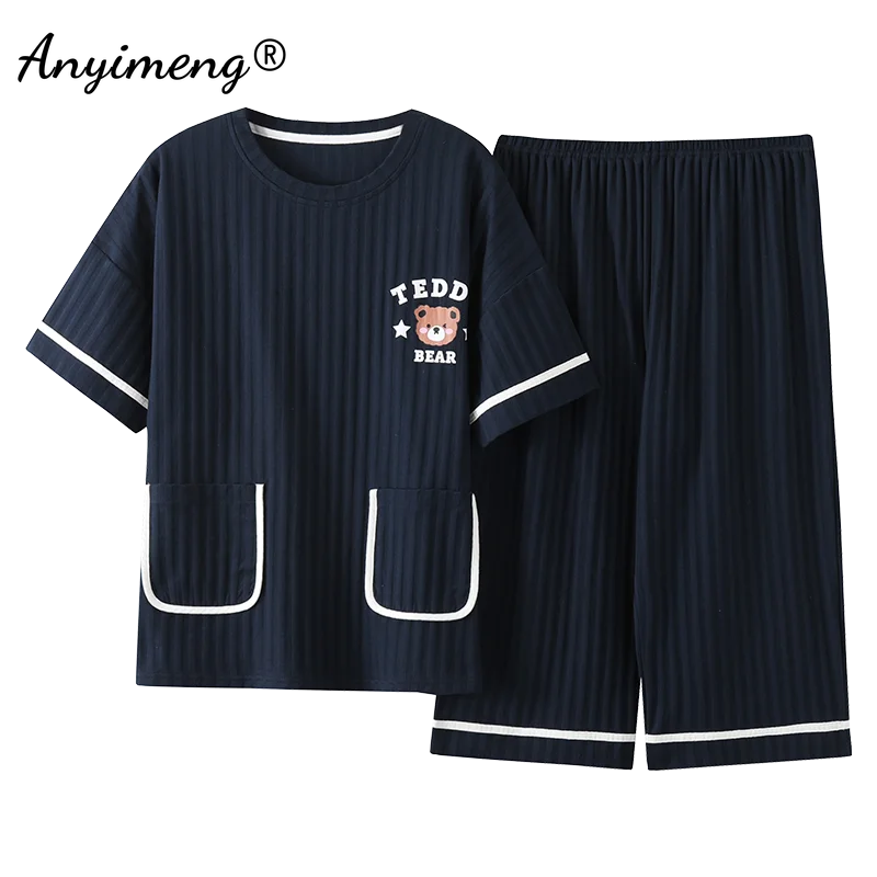 Pajamas Women Summer Cotton Sleepwear Kawaii Style Short Sleeved Quarter Pants Two Piece Set Bear Printing Homesuit for Girls 
Pajamas Women Summer Cotton Sleepwear Kawaii Style Short Sleeved Quarter Pants Two Piece Set Bear Printing Homesuit for Girls