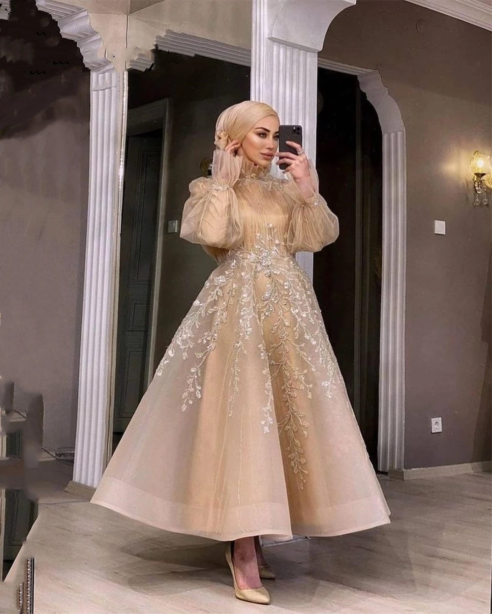 

Champagne High Neck Cocktail Dress Luxurious Sequin Beaded Sparkling Ankle Length Formal Party Gown Muslim Long Sleeve Evening