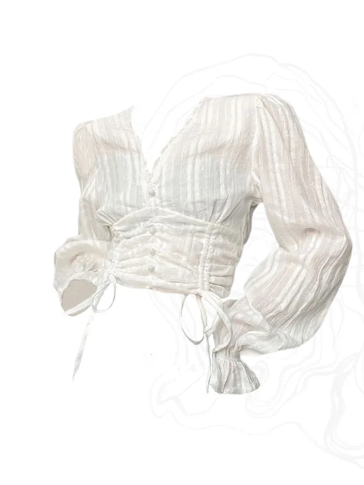 French Elegance White Blouses Women Crop Top V-Neck Mori Girl Korean Office Lady Sweet Exquisite Lace Up Shirts Kpop Streetwear
French Elegance White Blouses Women Crop Top V-Neck Mori Girl Korean Office Lady Sweet Exquisite Lace Up Shirts Kpop Streetwear