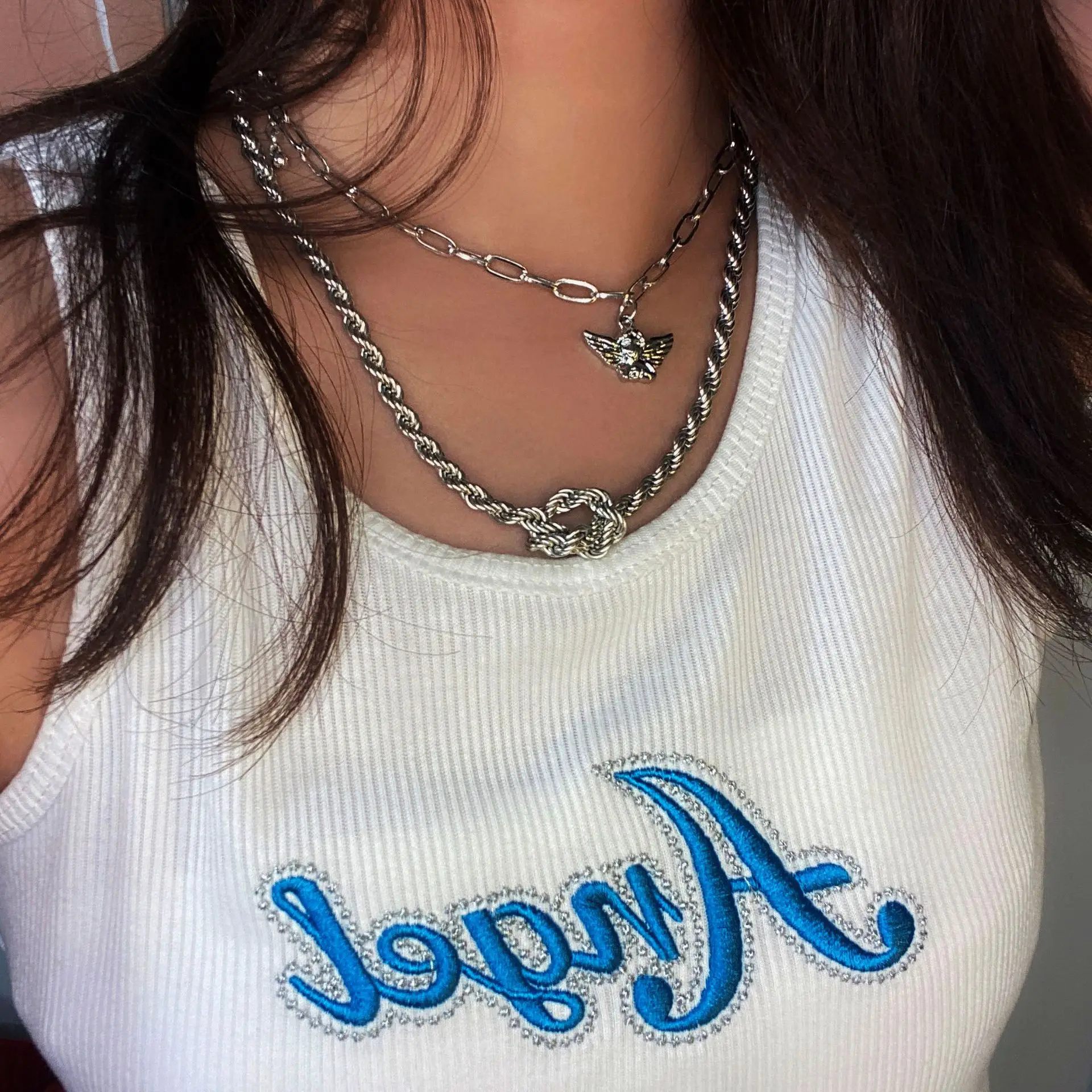 Trendy Cool Punk Double Layer Clavicle Chain Necklaces For Women Metal Geometric Angel Pendant Necklaces Hip hop Jewelry kolye
Trendy Cool Punk Double Layer Clavicle Chain Necklaces For Women Metal Geometric Angel Pendant Necklaces Hip hop Jewelry kolye