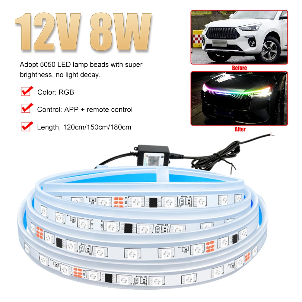 1.8m Flexible Car Hood LED Light Strip DRL 12V RGB LED Daytime Running Light Decorative Light Grill Headlight APP Remote Control
1.8m Flexible Car Hood LED Light Strip DRL 12V RGB LED Daytime Running Light Decorative Light Grill Headlight APP Remote Control