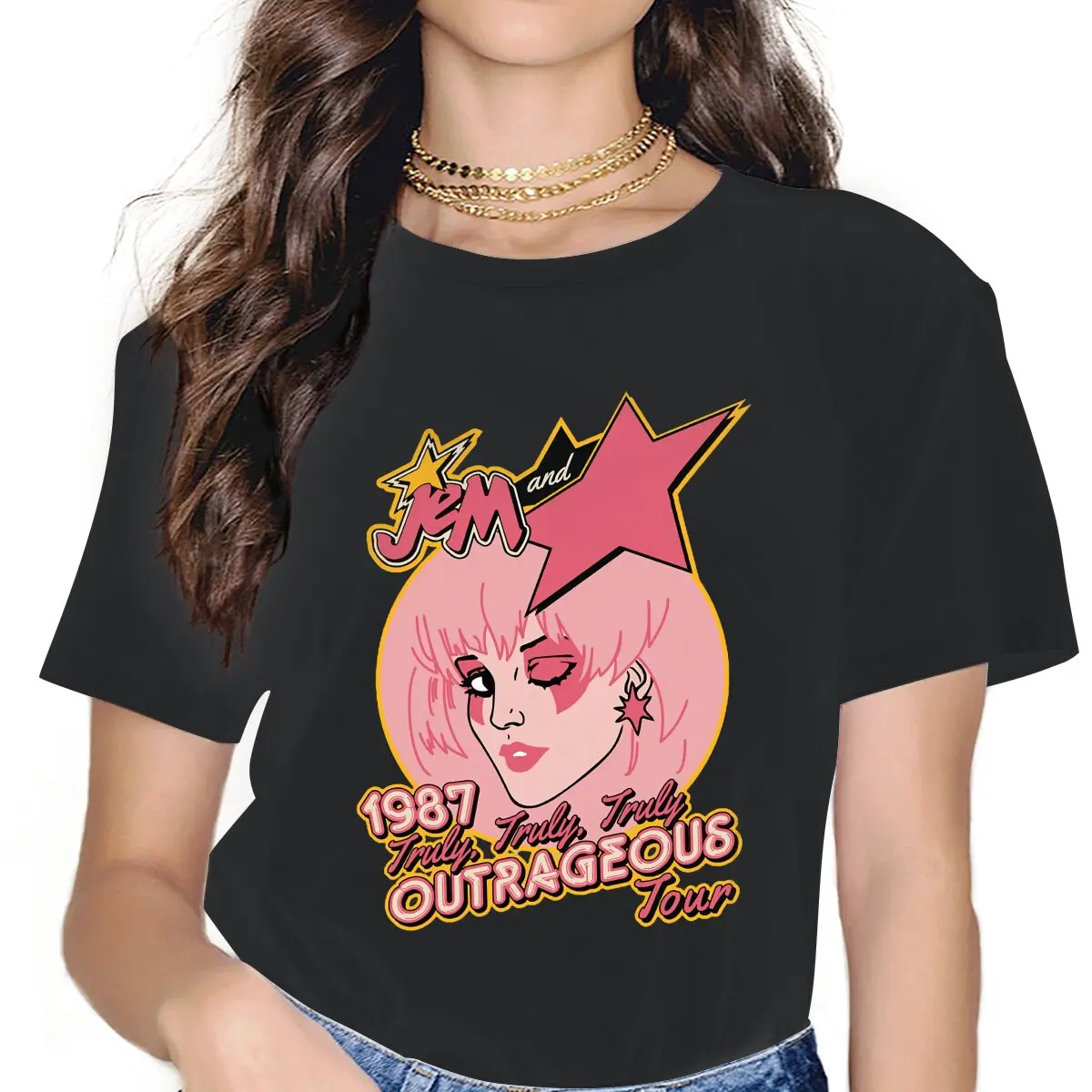 

Fun Tour Classic T-Shirt for Women Crew Neck Cotton T Shirts Jem And The Holograms TV Short Sleeve Tee Shirt Gift Clothes