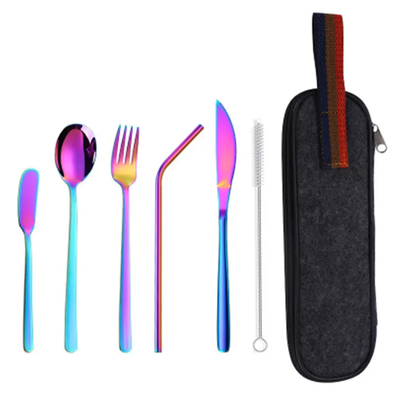 

8Pcs/set Tableware Reusable Travel Cutlery Set Camp Utensils Set with stainless steel Spoon Fork Chopsticks Straw Portable case