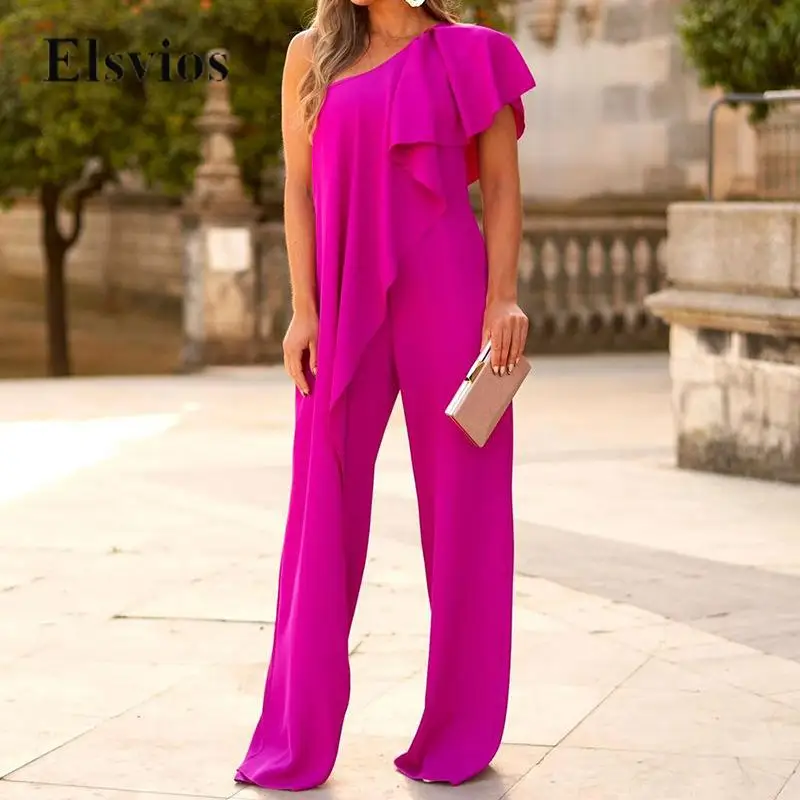 

Elegant Loose Ruffles One Shoulder Jumpsuits Sexy Skew Collar Women Romper Fashion Casual Office Lady Straight Playsuit Overalls