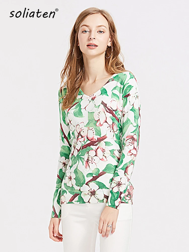 2022 Spring Autumn Green Floral Pullover Sweater Women Basic Print Knitwear V-neck Long Sleeve Elegant Lady High Elastic B-022
2022 Spring Autumn Green Floral Pullover Sweater Women Basic Print Knitwear V-neck Long Sleeve Elegant Lady High Elastic B-022