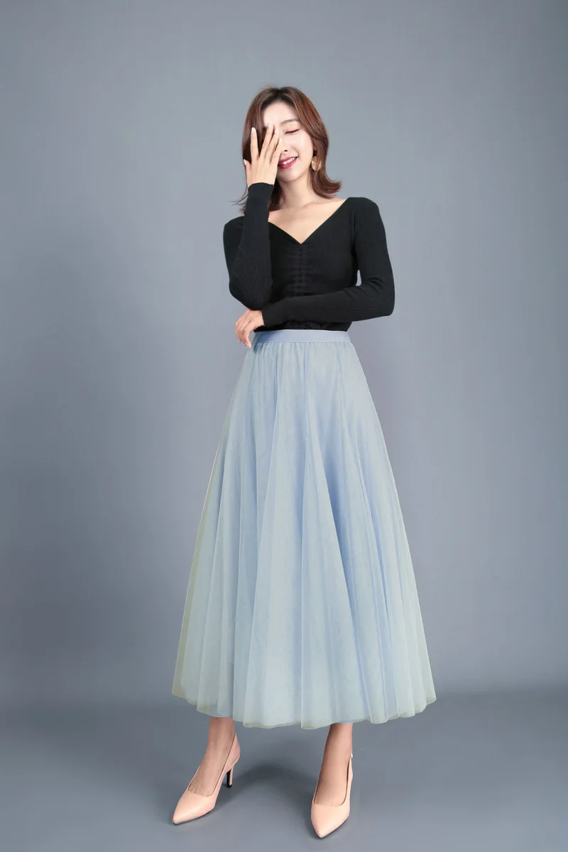 

Винтажная Тюлевая юбка для женщин, эластичная трехслойная плиссированная сетчатая юбка А-силуэта с высокой талией, длинные юбки-пачки для невесты, Женская длинная юбка 2023