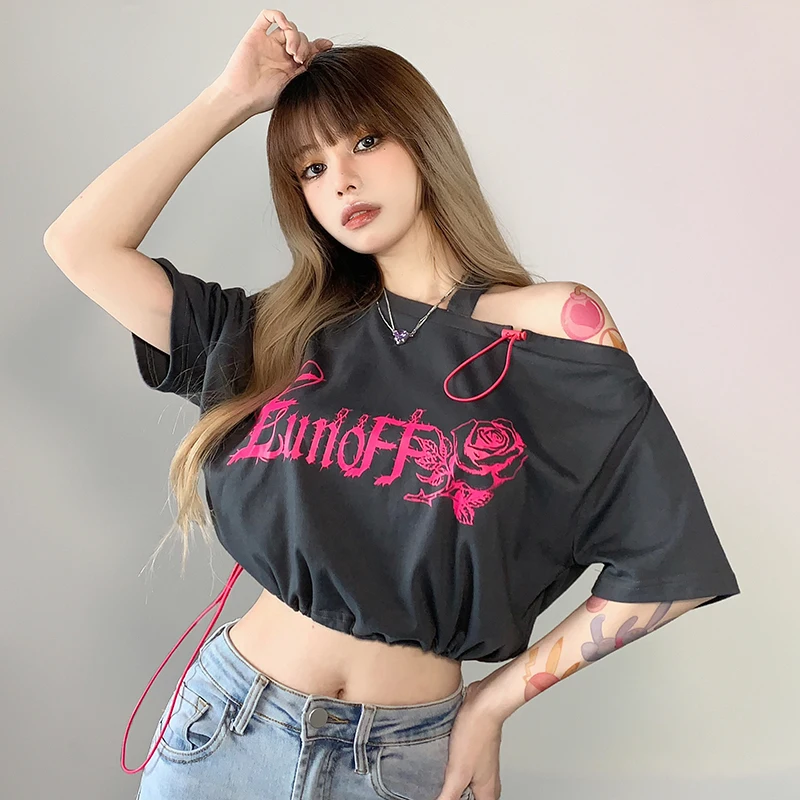 Weekeep European and American style printing drawstring missing shoulder waist short T-shirt women's diagonal shoulder navel exp
Weekeep European and American style printing drawstring missing shoulder waist short T-shirt women's diagonal shoulder navel exp