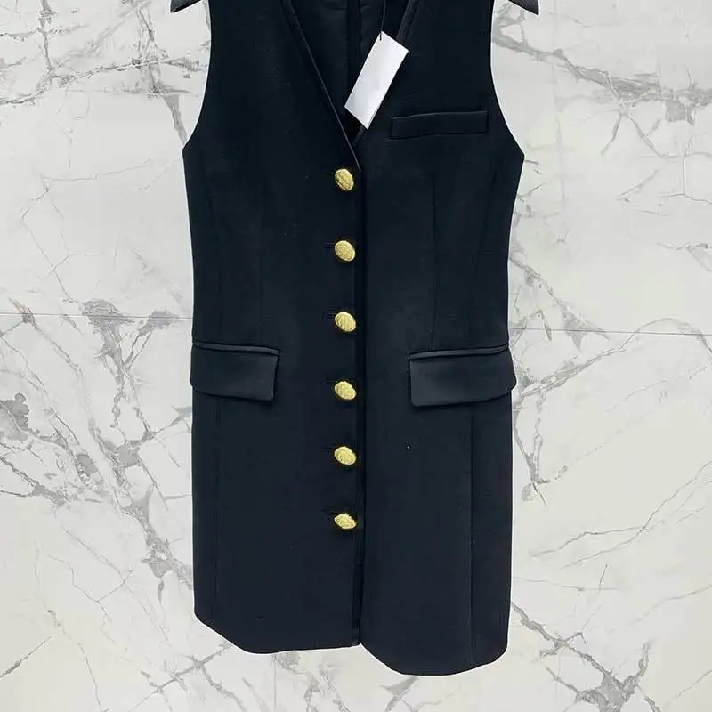 

Fashion Black Slimming Maxi Vest Coat Runway Versatile Single Breasted Acetate Hemp Splicing Tops Women High End Clothes Female