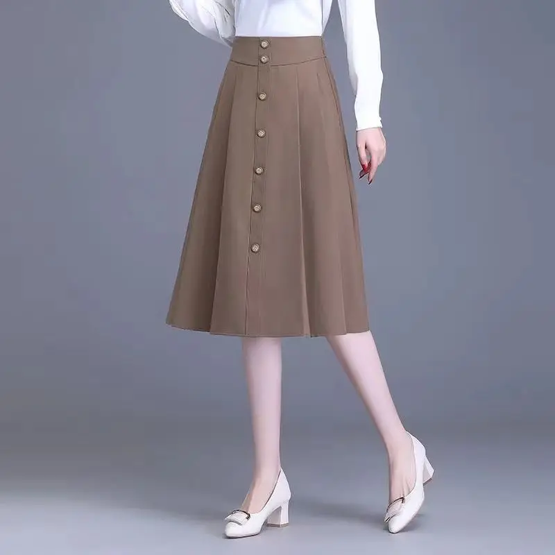 

2022 Autumn Spring Long Skirts For Women Elegant OL High Waist A-Line Pleated Skirt Vintage Big Swing Jupe Plissee Femme D154