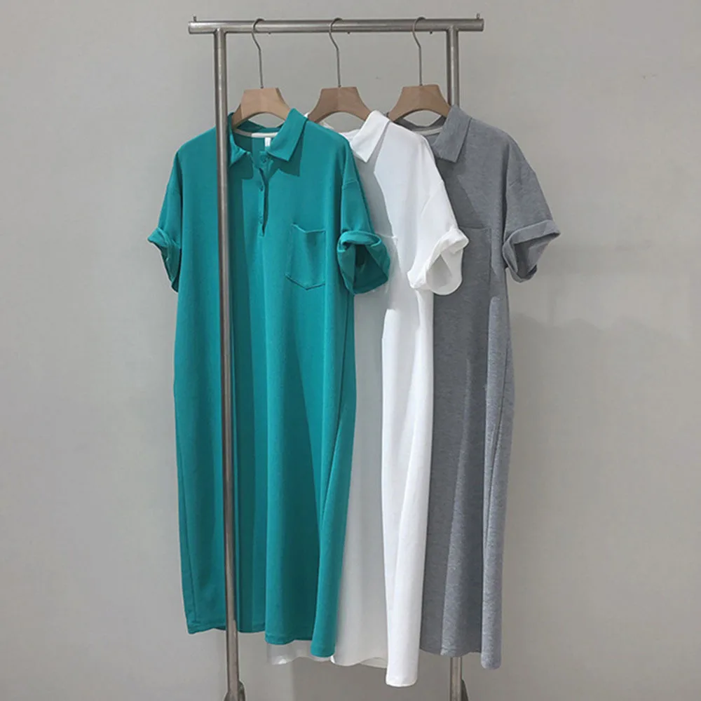 Summer Long Tshirt Woman Polo Neck Dress Cotton Clothes For Lady Solid Korean Casual Loose Short Sleeve Long Tshirt Dress
Summer Long Tshirt Woman Polo Neck Dress Cotton Clothes For Lady Solid Korean Casual Loose Short Sleeve Long Tshirt Dress
