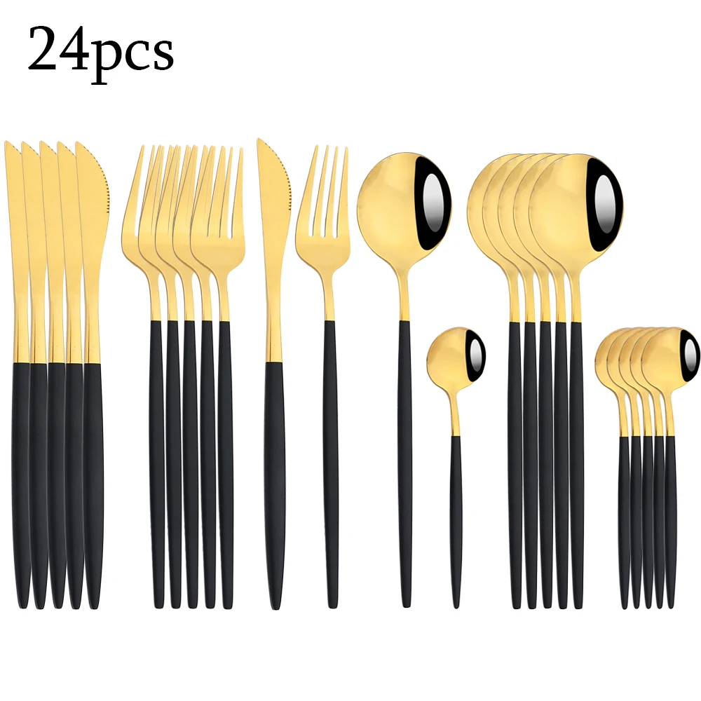 

AJOYOUS 24Pcs Black Gold Dinnerware Set Knife Fork Tea Spoon Cutlery Stainless Steel Silverware Western Kitchen Dinner Flatware